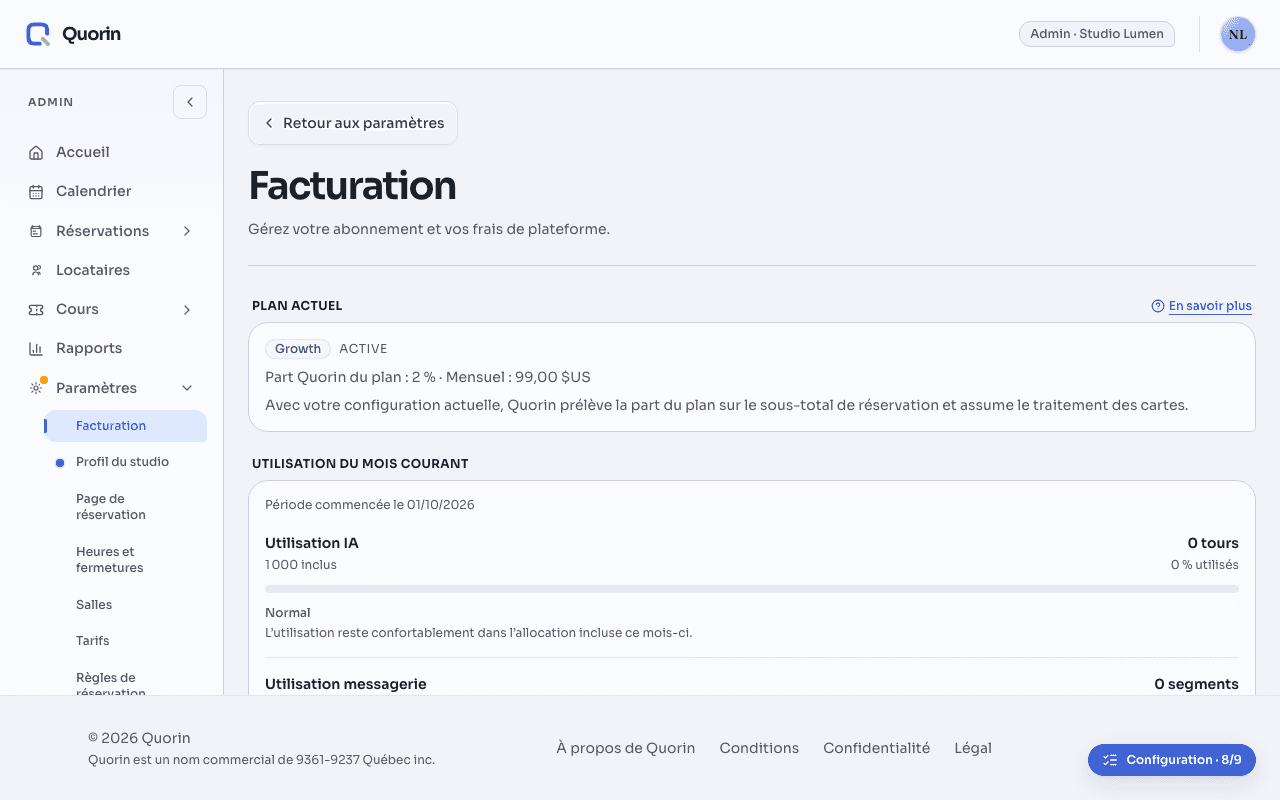 Paramètres › Facturation : la section « Plan actuel » affiche Growth, Active, la part Quorin de 2 % et les frais mensuels de 99 $ US, avec une note sur la façon dont la part du plan est prise pour ce studio, et un lien « En savoir plus » à côté de son titre. Dessous, « Utilisation du mois courant » montre les tours de l’assistant IA utilisés sur les 1 000 inclus.