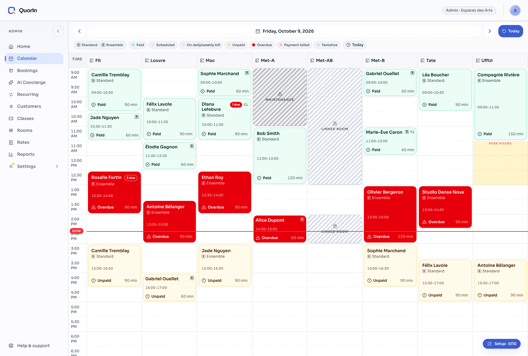 The Quorin admin calendar with multiple rooms and paid and unpaid bookings
