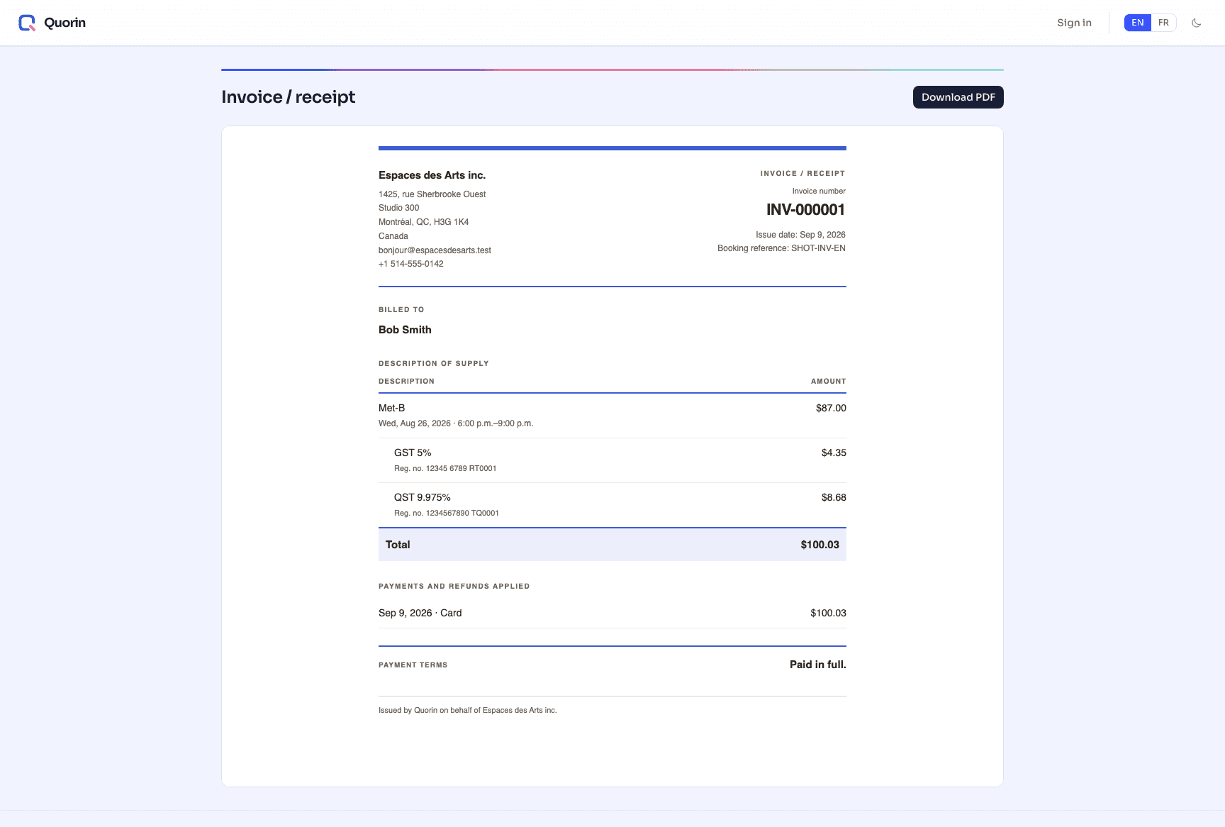 A Quorin receipt showing the payment and its taxes, with a PDF copy