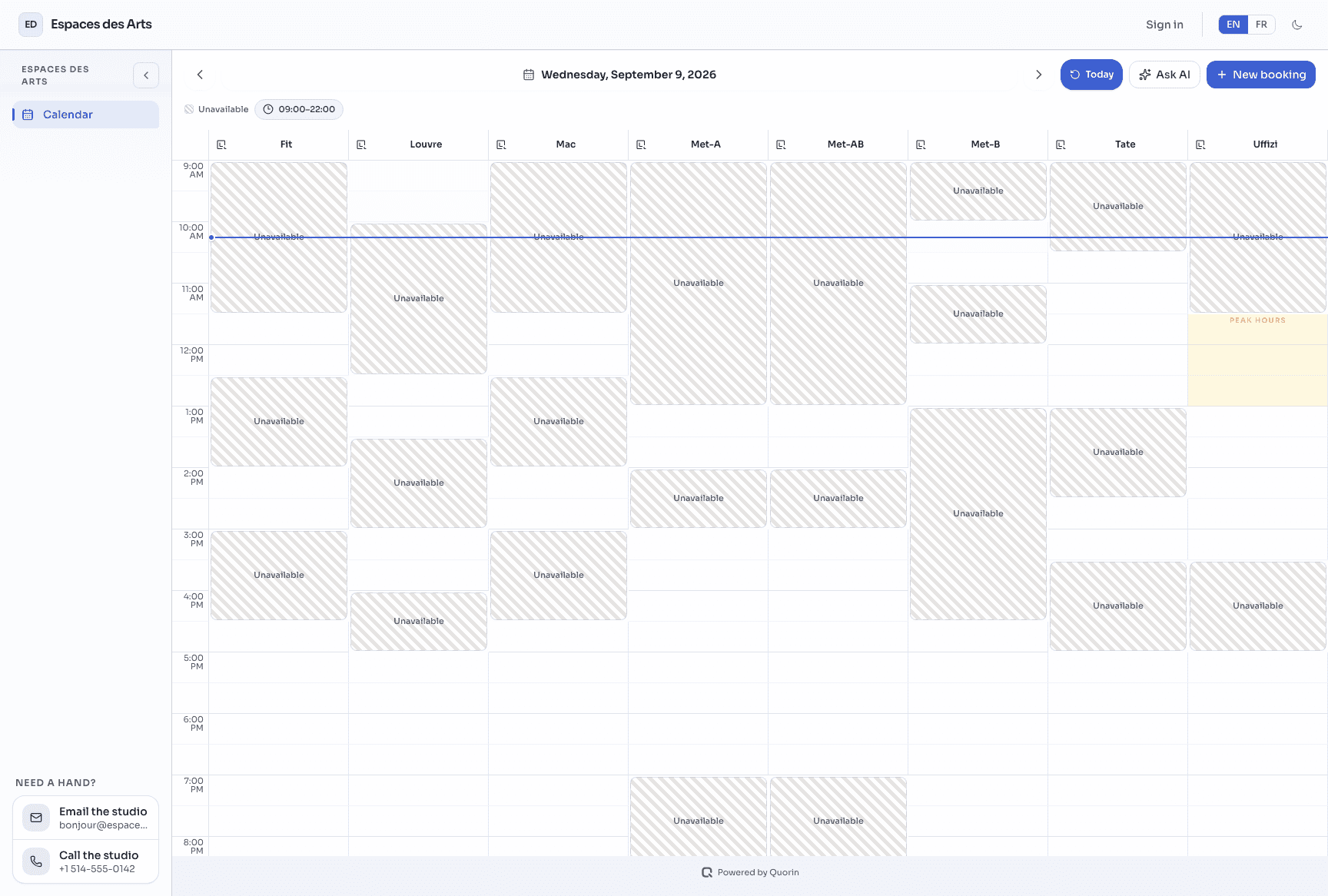 A renter picking a free slot on a studio's public booking calendar
