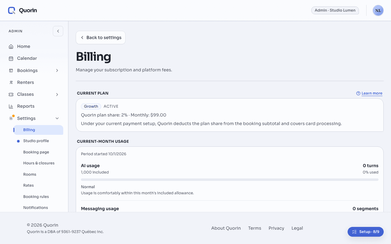 Settings › Billing: the “Current plan” card shows Growth, Active, Quorin’s 2% plan share and the $99 monthly fee, with a note on how this studio’s plan share is taken, and a “Learn more” link beside its title. Below it, “Current-month usage” shows the AI assistant turns used out of the 1,000 included.