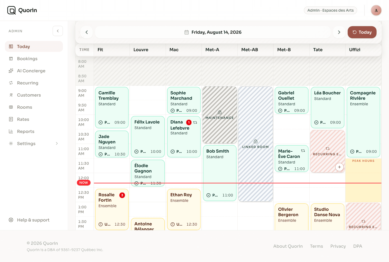 The Quorin admin calendar — eight rooms in one day view with paid and unpaid bookings