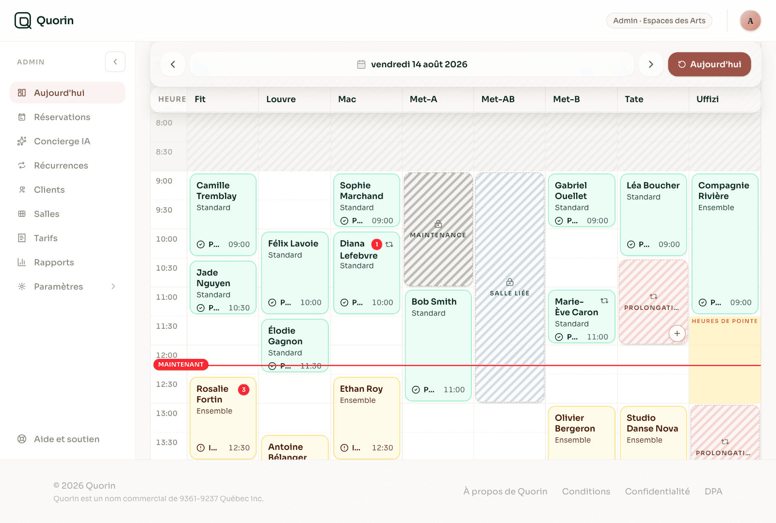 Le calendrier administrateur de Quorin — huit salles dans une seule vue du jour, avec les réservations payées et impayées