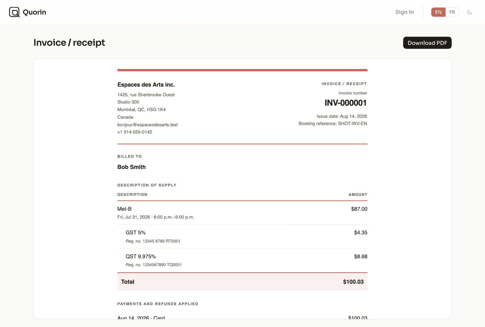A Quorin receipt showing the charge, the taxes, and the invoice PDF that goes with it
