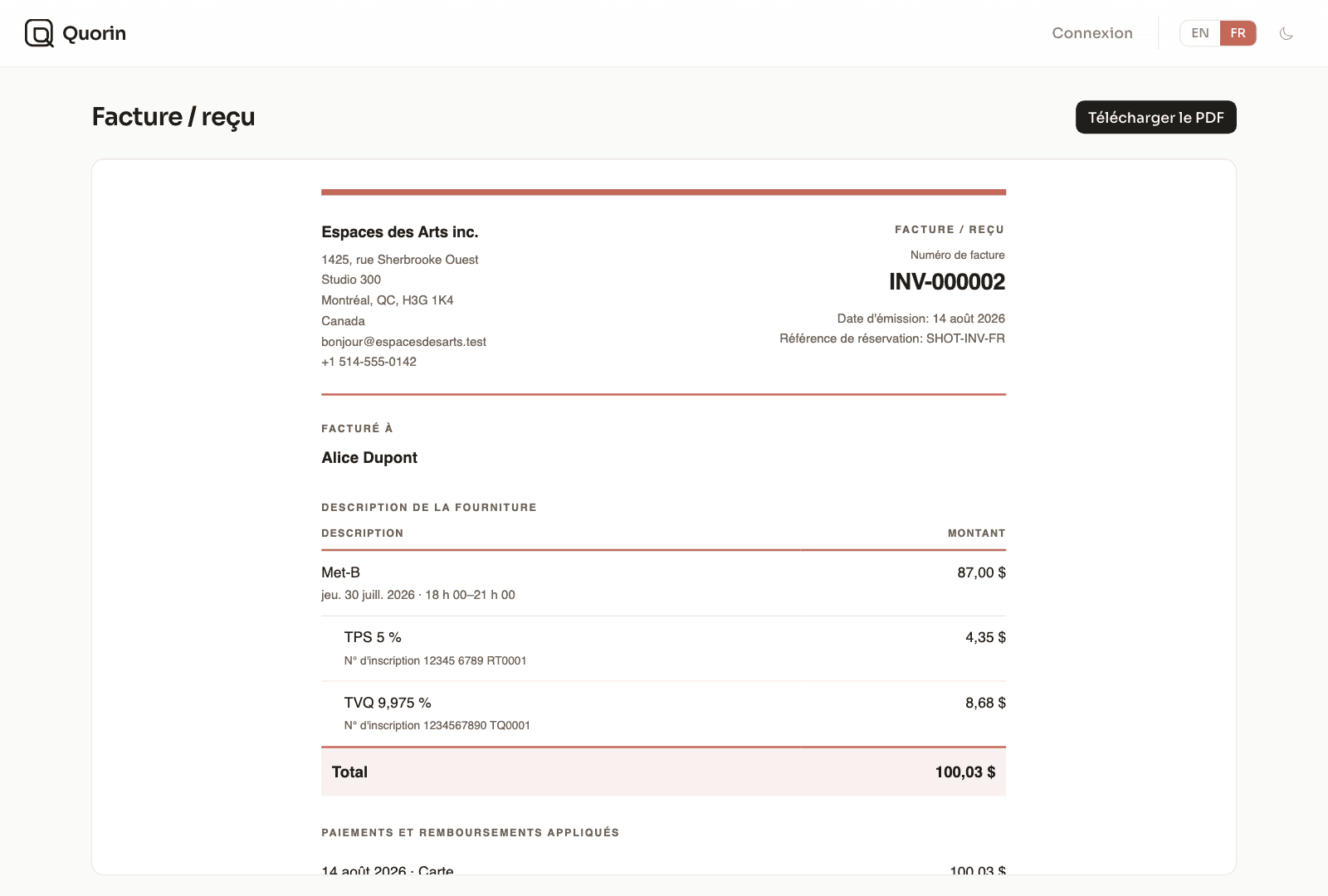 Un reçu Quorin montrant le paiement, les taxes et la facture PDF qui l'accompagne