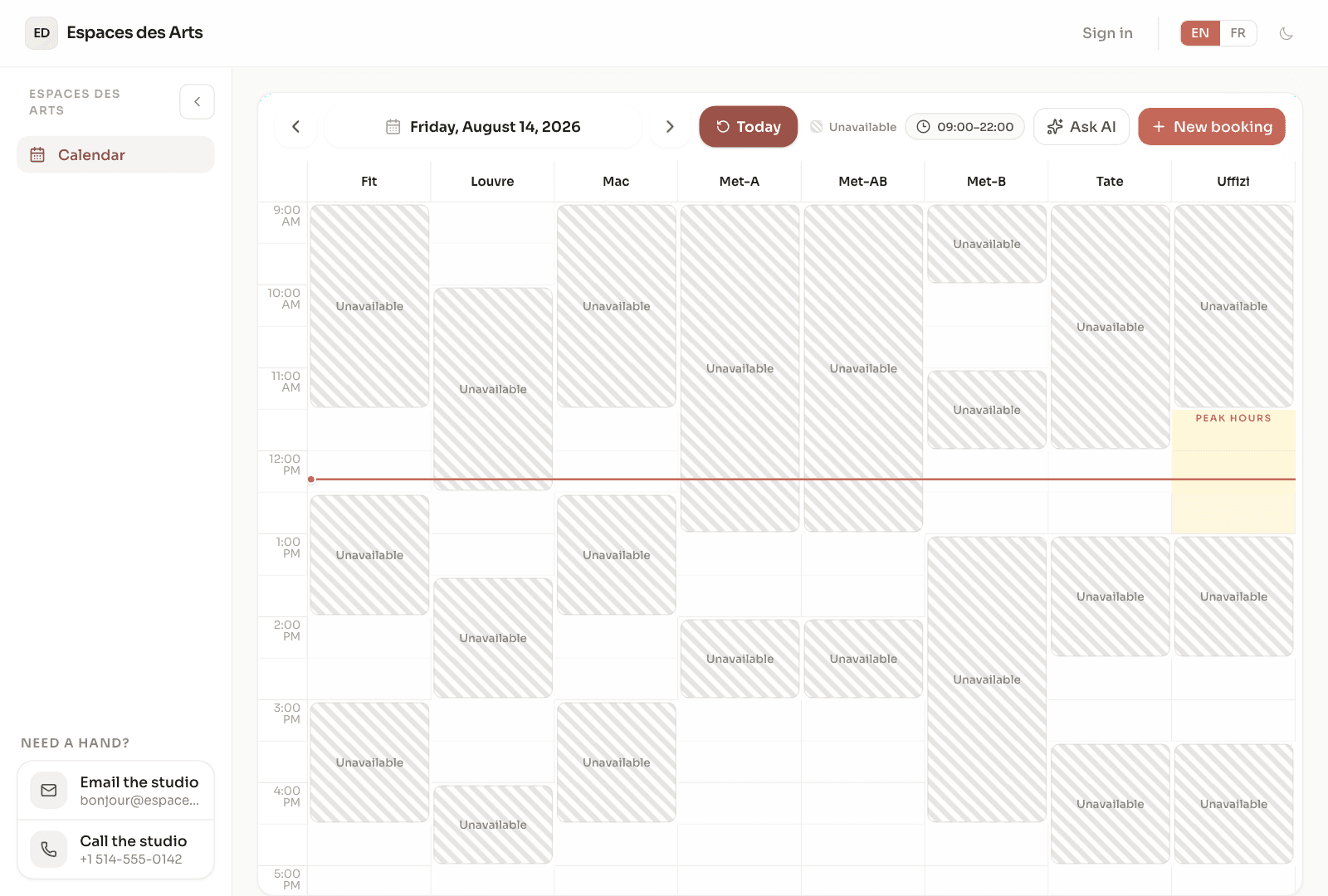 A renter picking a free slot on a studio's public booking calendar